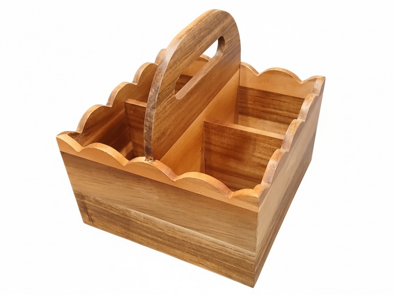 Scallop Acacia Wood Flatware Caddy with Multi-Compartment Design - Versatile Kitchen Organizer